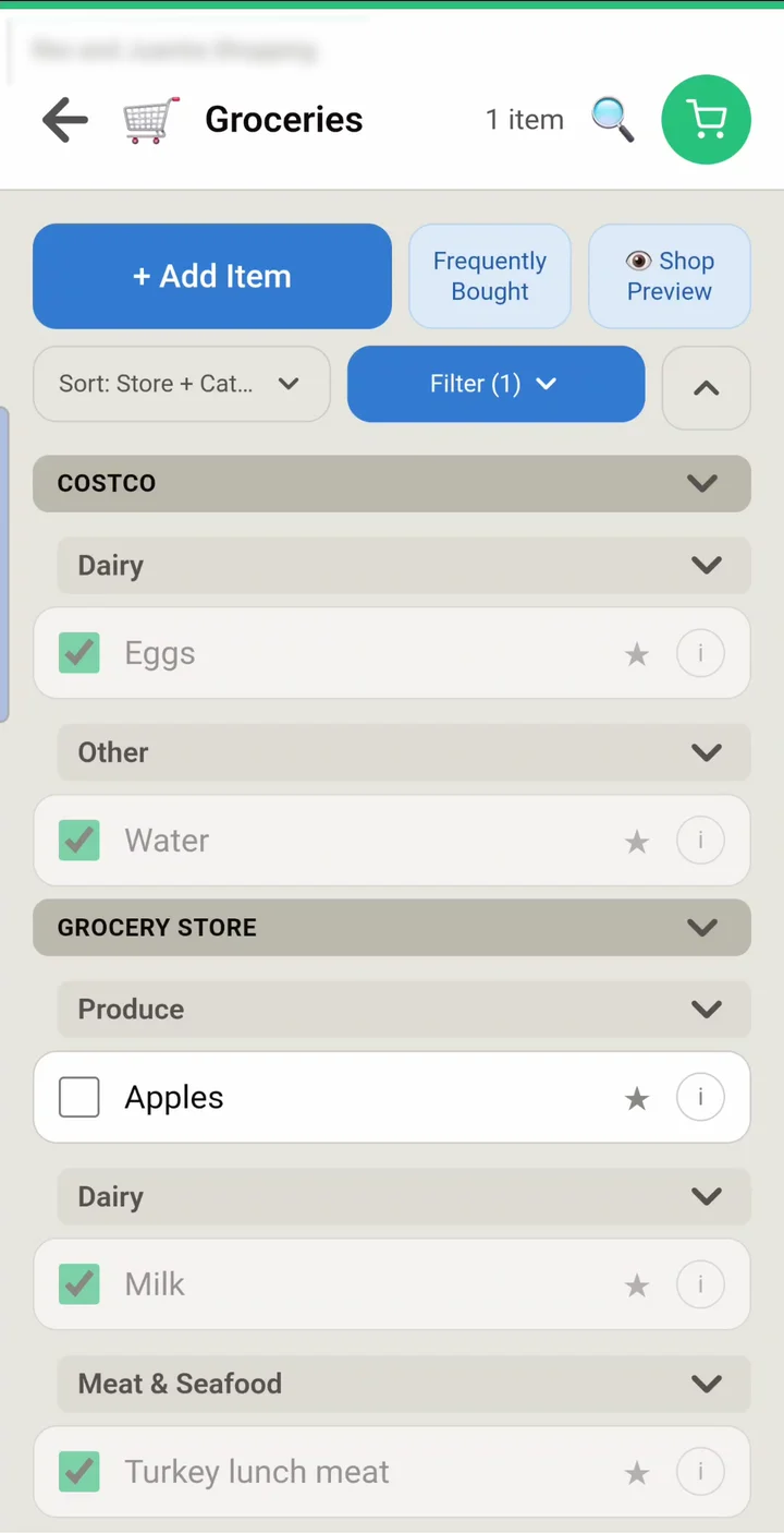Busy Bee Grocer shopping list grouped by store and aisle order