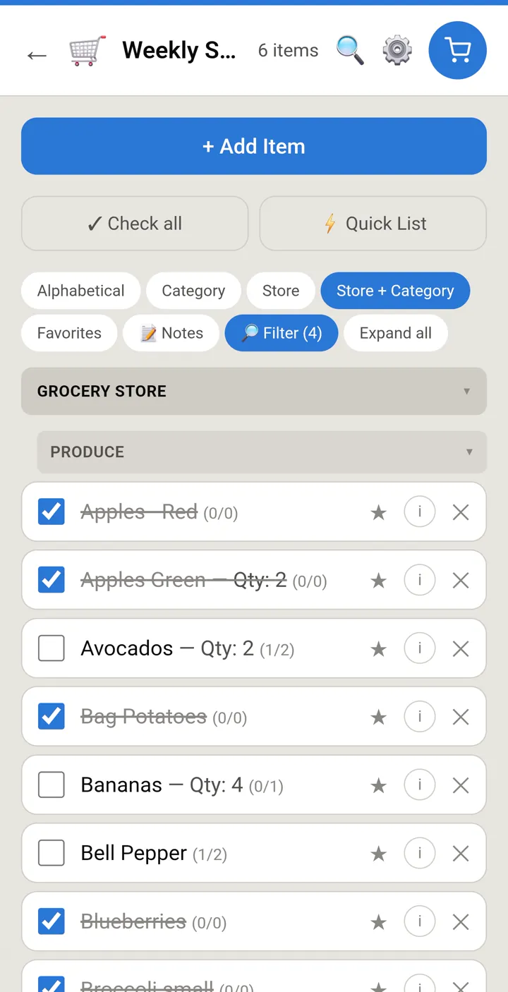 A list grouped by store and aisle