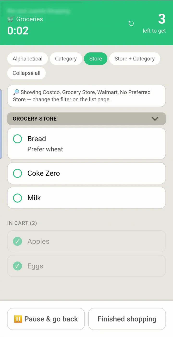 Busy Bee Grocer shopping mode showing only the items still needed