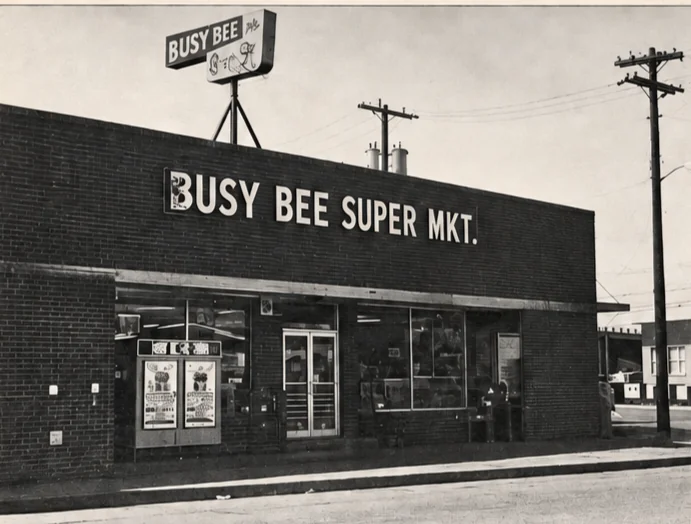 The Busy Bee Super Mkt. storefront on South Broadway, Carrollton, 1970
