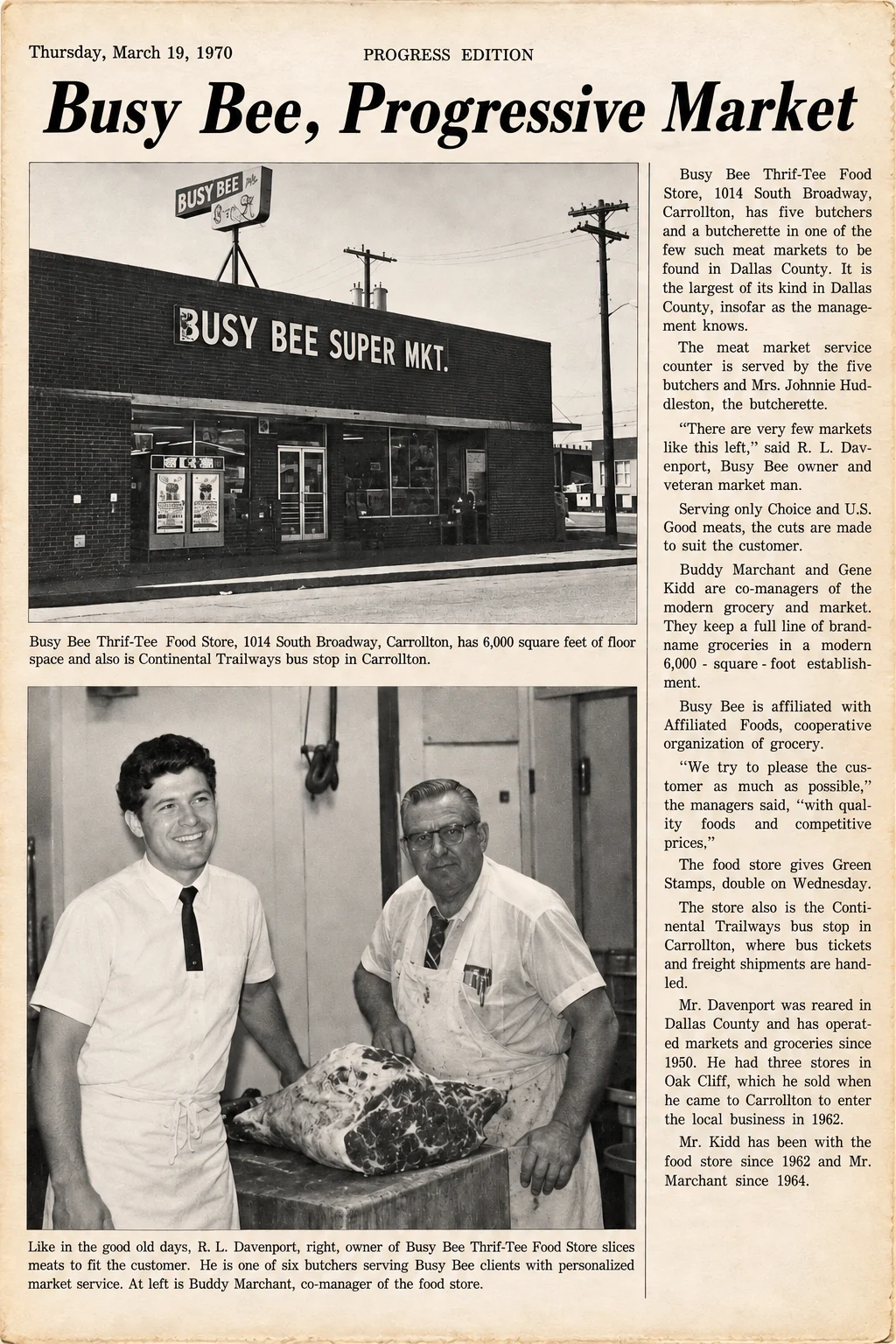 Newspaper page: Busy Bee, Progressive Market, March 19, 1970